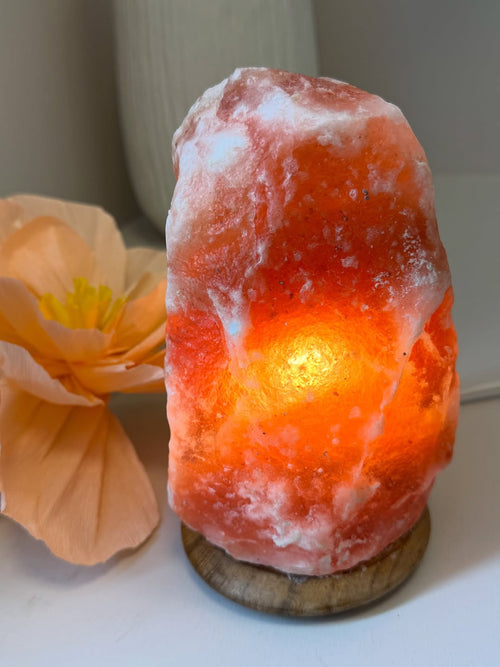 Himalayasaltlampa på träfot natural amber second hand BeAIKON